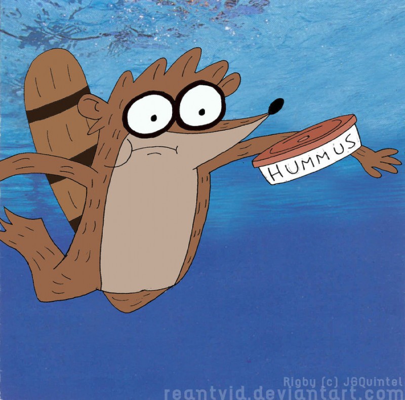 anthro male simple_background solo water wide_eyed unknown_artist cartoon_network nevermind_(nirvana) nirvana regular_show rigby_(regular_show) mammal procyonid raccoon