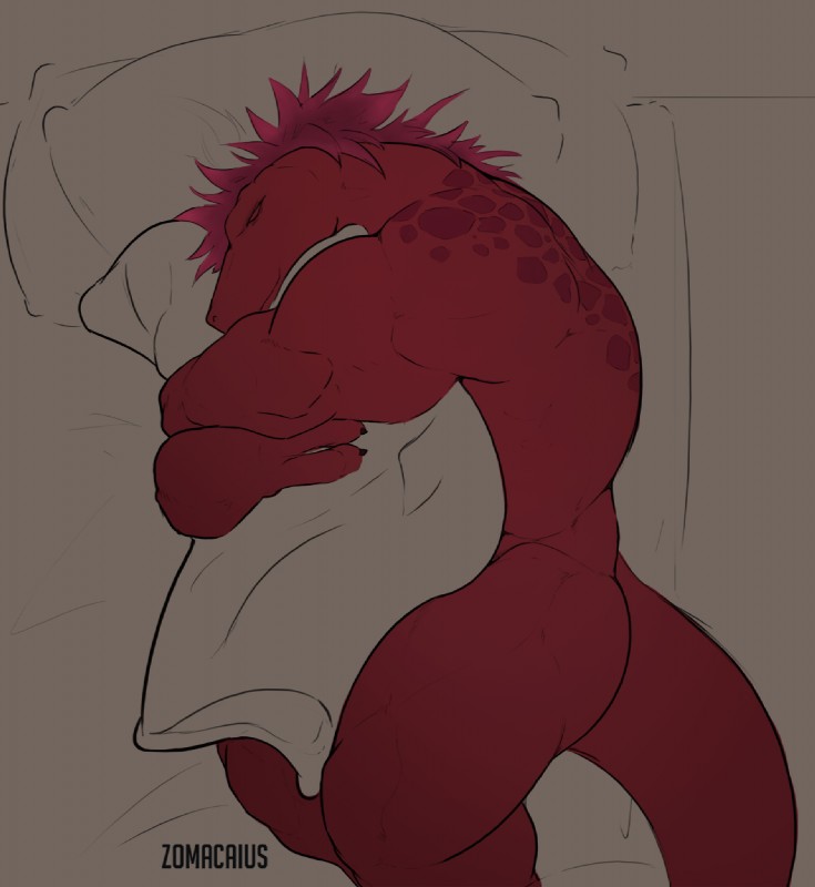 anthro bed biceps eyes_closed furniture hair hug hugging_object hugging_pillow lying male muscular muscular_anthro muscular_male muscular_thighs nude on_bed on_side pillow sleeping solo zomacaius zoma dinosaur prehistoric_species reptile scalie theropod tyrannosaurid tyrannosauroid tyrannosaurus tyrannosaurus_rex 2019 digital_media_(artwork) hi_res