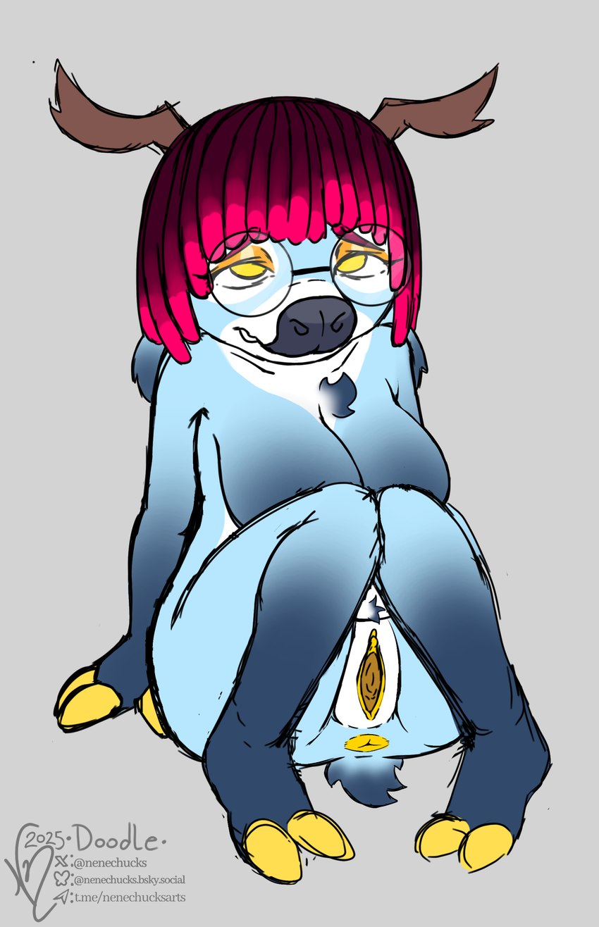 anthro anus big_breasts blue_body blue_fur breasts chest_tuft eyewear female fur genitals glasses hair horn pussy red_hair solo spread_pussy spreading tuft unusual_insides wearing_glasses yellow_anus yellow_eyes yellow_inner_pussy yellow_insides yellow_pussy nenechucks sirinha_(nenechucks) cervine deer mammal absurd_res hi_res