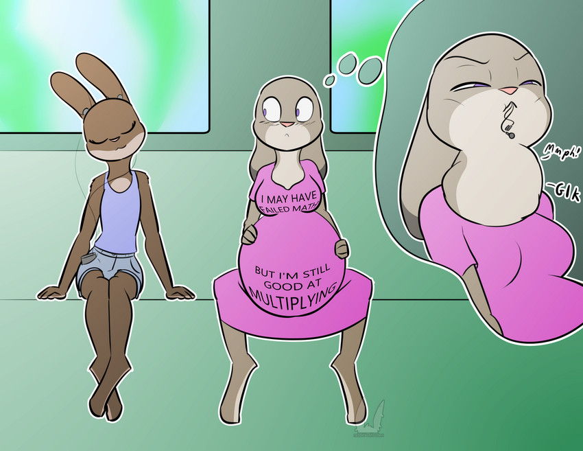 anthro belly big_belly blush clothed clothing duo electronics eyes_closed fantasizing female female_pred female_prey fur headphones neck_bulge oral_vore pregnant pregnant_female pregnant_pred same_size_vore sound_effects swallowing thought_bubble vore rabbitinafoxden disney zootopia judy_hopps lagomorph leporid mammal rabbit absurd_res hi_res