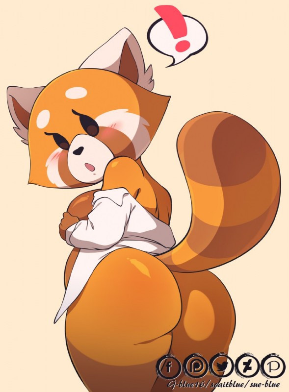 anthro big_breasts big_butt blush breasts butt clothing exclamation_point female fur hand_on_breast looking_back nude open_mouth short_stack simple_background solo standing thick_thighs undressing wide_hips g-blue16 aggretsuko sanrio retsuko ailurid mammal red_panda 2019 hi_res