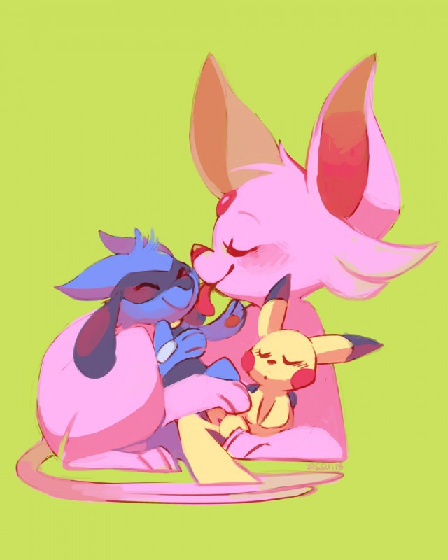 ambiguous_gender blue_body blue_fur eyes_closed feral fur group licking pink_body pink_fur simple_background sleeping smile tongue tongue_out yellow_body yellow_fur yassui nintendo pokemon canid canine eeveelution espeon generation_1_pokemon generation_2_pokemon generation_4_pokemon mammal pikachu pokemon_(species) riolu rodent 4:5 hi_res