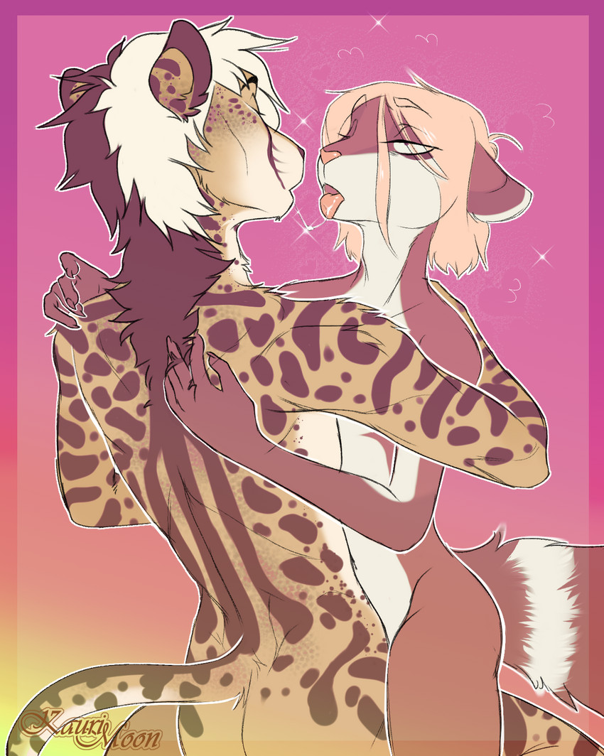 anthro bodily_fluids duo love male male/male pink_background saliva saliva_string simple_background kaurimoon cheetah felid feline mammal procyonid raccoon hi_res