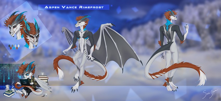 anthro clothing computer electronics featureless_crotch horn laptop looking_at_viewer male nude sitting solo standing tail wings saescan mythology dragon mythological_creature mythological_scalie scalie hi_res model_sheet