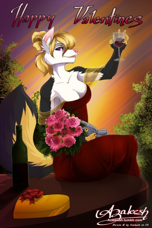 alcohol anthro beverage bottle breasts candy chocolate cleavage clothed clothing container cup dessert dress drinking_glass female flower food glass glass_container glass_cup plant rose_(flower) smile solo wine wine_glass azaleesh merena_(azaleesh) canid canine mammal hi_res