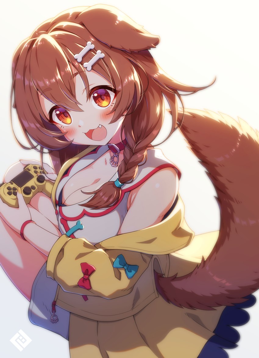 accessory amber_eyes big_breasts blush bone braided_hair breasts brown_body brown_fur brown_hair cleavage clothed clothing collar controller cute_fangs fangs female female_humanoid fingers floppy_ears fluffy fluffy_tail fur game_controller gaming glistening glistening_hair hair hair_accessory hair_tie happy holding_controller holding_game_controller holding_object looking_at_viewer open_mouth open_smile playing_video_game playstation_controller simple_background smile smiling_at_viewer solo tail teeth tongue white_background wireless_controller wristband tsu_ji dualshock dualshock_4 hololive playstation playstation_4 sony_corporation sony_interactive_entertainment vtuber inugami_korone animal_humanoid canid canid_humanoid canine canine_humanoid dog_humanoid humanoid mammal mammal_humanoid 2021 digital_media_(artwork) hi_res shaded watermark