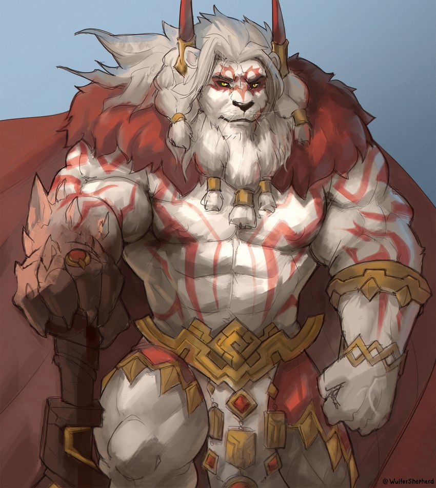 abs anthro black_sclera bottomwear cloak clothing fur horn horn_jewelry jewelry loincloth looking_at_viewer male mane melee_weapon muscular muscular_anthro muscular_male nipples pecs red_tattoo simple_background solo standing sword tattoo tribal tribal_jewelry weapon whiskers white_body white_fur white_mane yellow_eyes wulfer-shepherd afk_arena lilith_games brutus_(afk_arena) felid lion mammal pantherine absurd_res hi_res