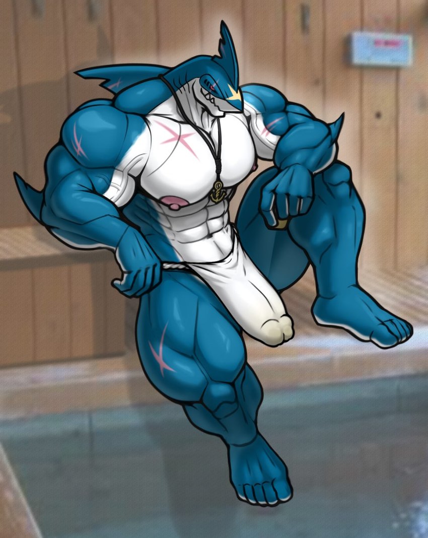 abs anthro arm_fin arm_on_knee biceps big_bulge big_muscles blue_body bulge clothing detailed_bulge feet fin fingers genital_outline inside jewelry male muscular muscular_male muscular_thighs navel necklace nipples pecs penis_outline red_eyes sauna scar sitting solo teeth underwear vein white_body solard0gg0 nintendo pokemon captain_butch_(solard0gg0) generation_3_pokemon marine pokemon_(species) sharpedo hi_res