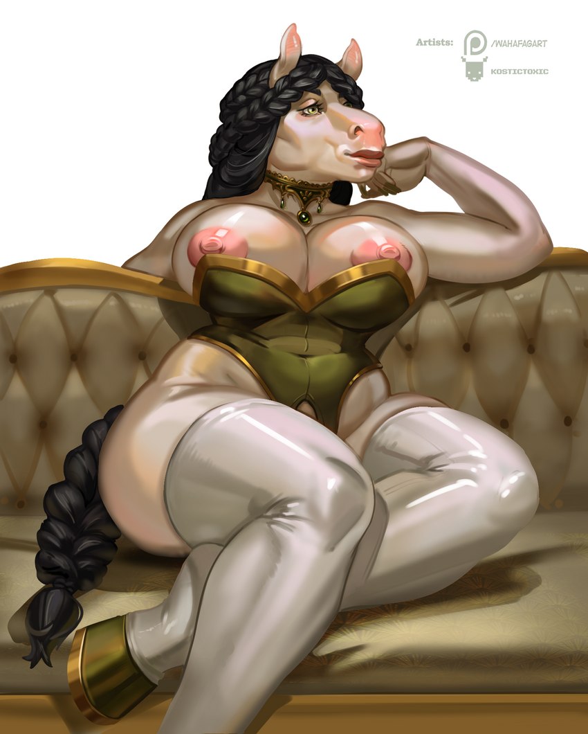 anthro areola aristocrat belly big_breasts big_butt black_hair breasts butt clothed clothing corset female furniture gold_(metal) green_eyes hair hooves huge_breasts huge_butt jewelry latex leather_sofa legwear lingerie mature_female nipples pink_areola pink_nipples pose simple_background sitting slightly_chubby slightly_chubby_female sofa solo stockings tail topwear white_body white_skin wide_hips kostictoxic wahafagart equid equine horse mammal digital_media_(artwork) hi_res pinup