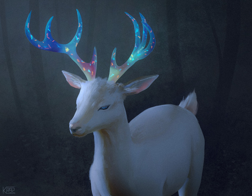 ambiguous_gender antlers blue_eyes feral forest fur gem horn iridescent iridescent_antlers multicolored_horn opal_(gem) outside plant rainbow_horn solo sparkling_antlers tree white_body white_fur ka92 deer mammal 2020 hi_res