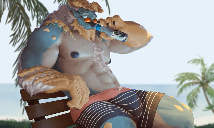 abs anthro anthrofied beach bench blue_body blue_eyes blue_nipples body_hair bottle bulge clothed clothing container eyewear horn looking_at_viewer male muscular muscular_anthro muscular_male nipples palm_tree pecs plant scales sea seaside sitting sky solo sunglasses swimming_trunks swimwear topless tree water water_bottle ransomone capcom monster_hunter fanged_wyvern scalie zinogre hi_res