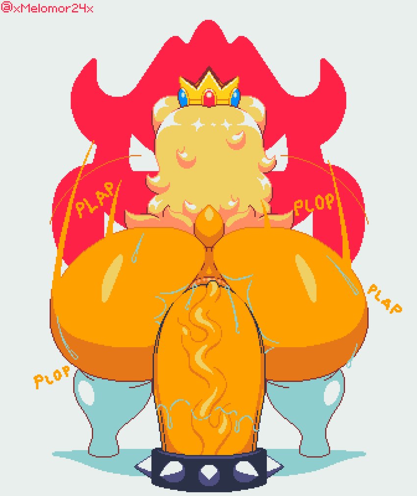 accessory anal anal_masturbation anal_penetration anthro big_butt big_dildo blonde_hair bowser_logo butt clothing cock_ring crown dildo dildo_in_ass dildo_insertion dildo_sitting genitals hair headgear huge_butt jewelry legwear male male_penetrated masturbation motion_lines object_in_ass onomatopoeia orange_tail penetration penis_accessory penis_jewelry rear_view red_background scales sex_toy sex_toy_in_ass sex_toy_insertion short_tail simple_background sitting solo sound_effects spiked_cock_ring spikes tail text thick_thighs thigh_highs vein veiny_dildo white_background white_clothing white_legwear white_thigh_highs yellow_body yellow_scales melomor mario_bros nintendo the_super_mario_bros_movie kamek princess_peach koopa magikoopa scalie 2023 absurd_res digital_media_(artwork) hi_res pixel_(artwork)