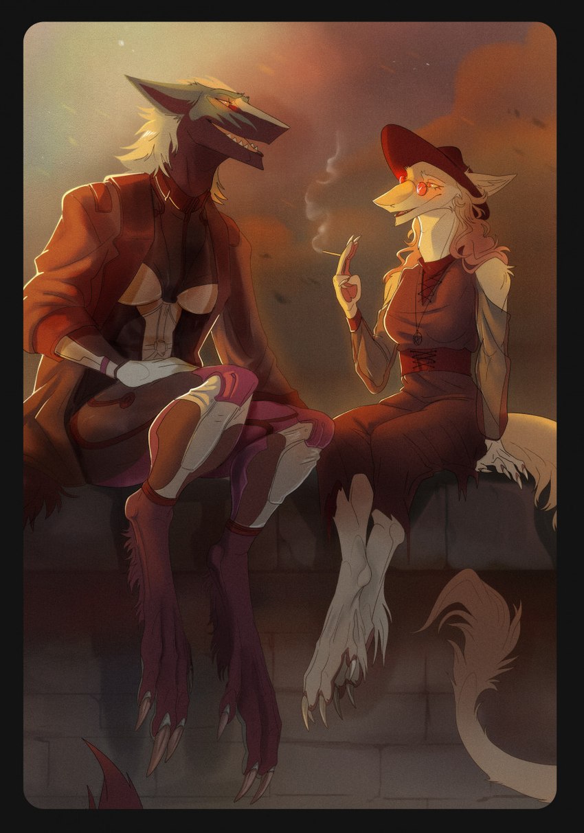 4_fingers 4_toes anthro bodysuit clothed clothing duo eye_contact eyewear feet female fingers glasses hat headgear headwear looking_at_another male open_mouth sharp_teeth sitting sitting_on_wall skinsuit smoking tail tail_tuft teeth tight_clothing toes tuft wall_(structure) creepy_gun sergal hi_res