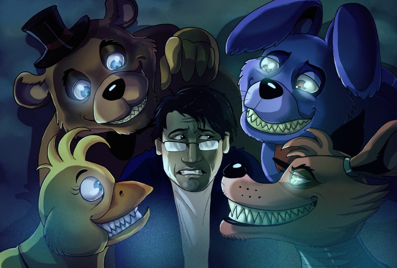 anthro bow_(feature) bow_tie clothing eye_patch eyewear glasses glowing glowing_eyes group hat headgear headwear machine sharp_teeth teeth top_hat fiszi five_nights_at_freddy's scottgames bonnie_(fnaf) chica_(fnaf) foxy_(fnaf) freddy_(fnaf) markiplier animatronic avian bear bird canid canine chicken fox galliform gallus_(genus) human lagomorph leporid mammal phasianid rabbit robot hi_res