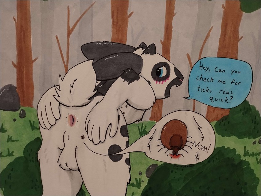 anthro antlers anus backsack balls bent_over bug_bite butt dialogue embarrassed forest forest_background genitals horn male nature nature_background parasite plant presenting presenting_hindquarters solo speech_bubble spread_butt spreading tree runningrabbit acarine arachnid arthropod jackalope lagomorph mammal parasitiform tick_(arachnid) 4:3 absurd_res hi_res traditional_media_(artwork)