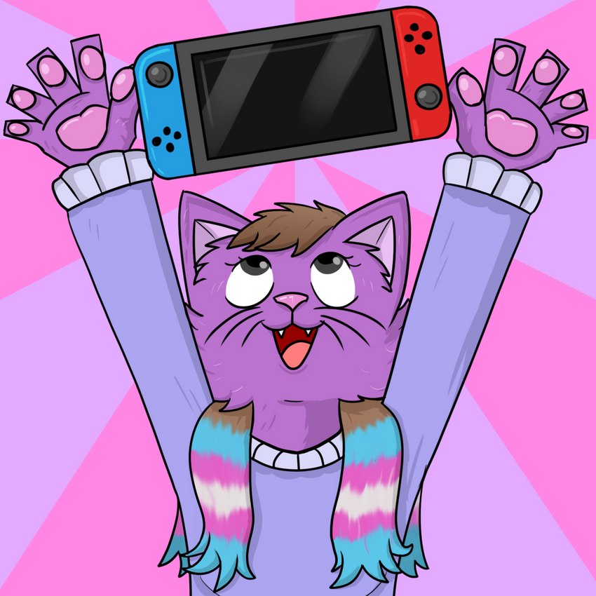 anthro brown_eyes brown_hair clothed clothing electronics female fur game_console hair happy holding_object lgbt_pride pawpads paws pride_color_highlights pride_colors purple_body purple_fur simple_background smile solo transgender_pride_colors liminalbunny_(artist) nintendo nintendo_switch cupcakecat_(character) felid feline mammal 1:1 hi_res