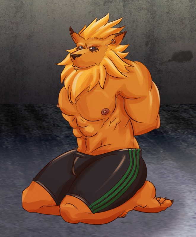 abs anthro bdsm biceps biped blonde_mane bondage bound clothed clothing ear_piercing hands_behind_back kneeling looking_at_viewer male mane muscular muscular_anthro muscular_male nipples pecs piercing side_view solo submissive submissive_male topless rawrrarr bandai_namco digimon digimon_(species) felid leomon mammal full-length_portrait hi_res portrait