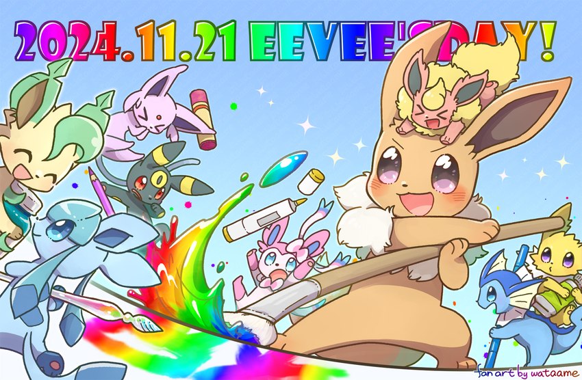 ambiguous_gender group wataame eevee_day nintendo pokemon eevee eeveelution espeon flareon generation_1_pokemon generation_2_pokemon generation_4_pokemon generation_6_pokemon glaceon jolteon leafeon pokemon_(species) sylveon umbreon vaporeon