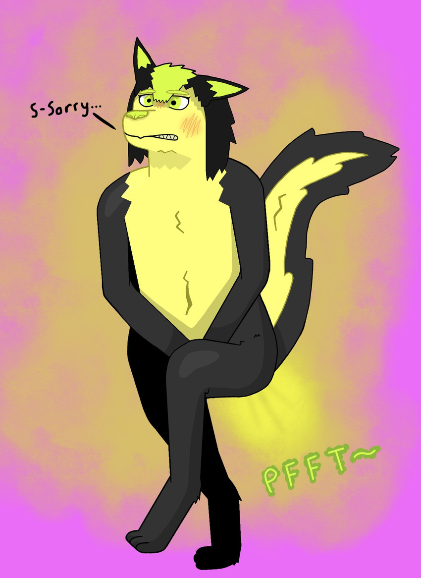 anthro apology blush digitigrade embarrased_horny embarrassed fart fart_cloud fart_fetish femboy fur male multicolored_body nude onomatopoeia sharp_teeth skunk_tail solo sound_effects teeth text yellow_body yellow_fur xelriy skuphy mammal mephitid skunk hi_res