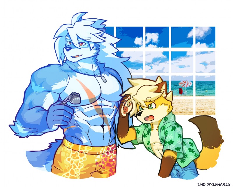 abs anthro beach biceps clothed clothing duo fur hair male muscular muscular_male open_clothing open_shirt open_topwear outside pecs scar seaside shirt sky summer swimwear topwear wolfmalro cheong_hwan sye_(wolfmalro) canid canine canis fox mammal wolf 2018 digital_media_(artwork) half-length_portrait hi_res portrait