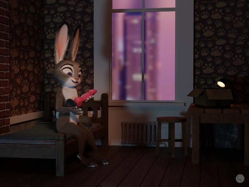 animal_dildo animal_sex_toy anthro bed canine_dildo dildo female fur furniture knot knotted_dildo long_ears nude on_bed purple_eyes sex_toy sitting sitting_on_bed solo chickenass disney zootopia judy_hopps lagomorph leporid mammal rabbit 3d_(artwork) 4:3 absurd_res digital_media_(artwork) hi_res