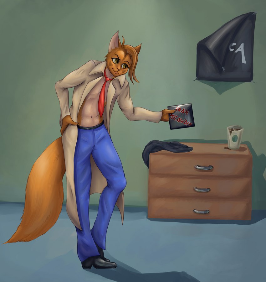 anthro beverage black_clothing black_eyebrows black_swimwear blue_bottomwear blue_clothing blue_pants bottomwear cd clothed clothing coat coffee coffee_cup container cup eyebrows fingers fur hair holding_cd_case holding_object humanoid_hands inside looking_at_object male navel necktie orange_body orange_fur pants poster red_necktie shadow solo swimwear topless topless_anthro topless_male topwear yellow_eyes sosalkis iron_maiden_(band) domestic_cat felid feline felis mammal somali_cat 2022 absurd_res digital_media_(artwork) hi_res