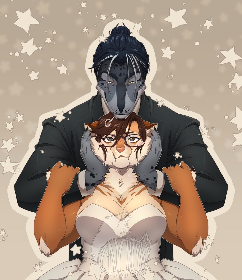 anthro breasts brown_hair clothed clothing dress duo eyewear face_squish female funny_face glasses hair holding_face long_hair male short_hair squish wedding_clothing wedding_dress 2nckw3i ryuga_(2nckw3i) cougar felid feline leopard_seal mammal marine pinniped seal 2024 digital_media_(artwork) hi_res