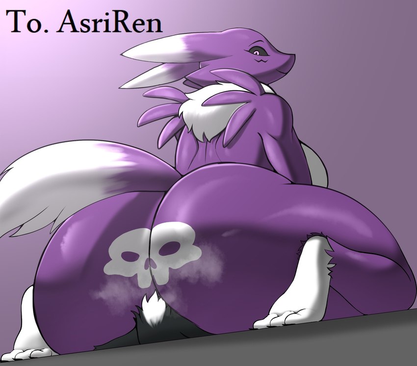 anthro big_butt black_sclera breasts butt dominant dominant_female duo facesitting female female_facesitting_male huge_butt looking_at_viewer looking_back looking_back_at_viewer nude purple_body sitting_on_another size_difference skull_symbol tail text thick_thighs babyhunt4 bandai_namco digimon asriren_(character) rona_(asriren) canid digimon_(species) mammal renamon 2023 digital_media_(artwork) english_text hi_res