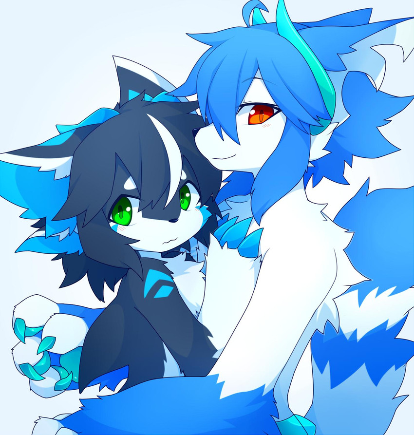 4_fingers abstract_background ahoge amber_eyes anthro biped black_body black_fur black_hair blue_body blue_claws blue_fur blue_hair blue_tail blush chest_tuft claws duo fingers fur green_eyes hair hug kemono male male/male monotone_hair multicolored_body multicolored_fur multicolored_hair nude raised_tail simple_background smile standing tail teal_claws tuft two_tone_body two_tone_fur two_tone_hair two_tone_tail white_background white_body white_fur white_hair white_tail devil-vox devy_(devil-vox) sura_(devil-vox) domestic_cat felid feline felis fish hybrid mammal marine shark 2019 digital_drawing_(artwork) digital_media_(artwork) hi_res