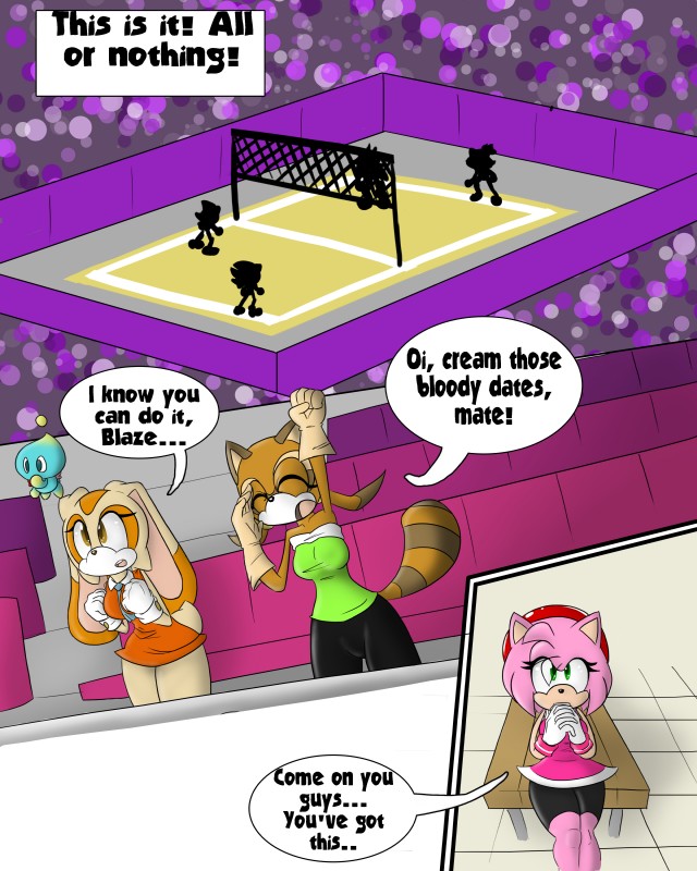 anthro bottomwear breasts clothed clothing dialogue female fur furgonomics gloves green_eyes group hair handwear male net pink_body pink_fur pink_hair skirt sport tail tail_through_skirt text volleyball volleyball_court volleyball_net yellow_eyes sandunky sega sonic_the_hedgehog_(series) amy_rose blaze_the_cat cheese_the_chao cream_the_rabbit marine_the_raccoon metal_sonic shadow_the_hedgehog silver_the_hedgehog chao_(sonic) eulipotyphlan felid hedgehog mammal 4:5 absurd_res comic english_text hi_res