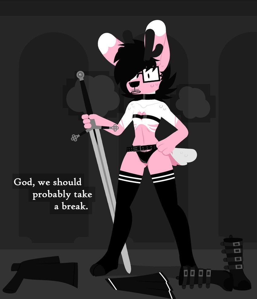 anthro bodily_fluids claymore clothing dialogue eyewear facial_hair fur glasses greatsword horn male mustache panties pink_body pink_fur removed_clothing solo sweat text underwear dog_brained humanoid absurd_res digital_media_(artwork) english_text hi_res