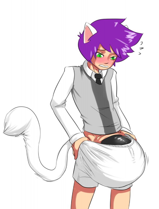 blush bulge cat_tail clothed clothing green_eyes hair male purple_hair solo octoboy animal_humanoid cat_humanoid felid felid_humanoid feline feline_humanoid humanoid mammal mammal_humanoid hi_res