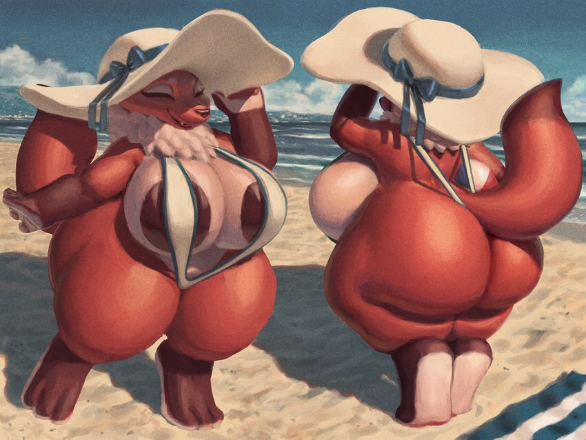 anthro areola ball beach beach_ball big_areola big_breasts big_butt bikini breasts butt clothing dark_areola eyes_closed female front_and_back front_view hat headgear headwear holding_clothing holding_hat holding_headgear holding_headwear holding_object huge_breasts huge_butt huge_thighs inflatable multiple_poses neck_tuft one-piece_swimsuit outside pose rear_view sea seaside short_stack sling_bikini solo standing sun_hat swimwear thick_thighs tuft two-piece_swimsuit water wave wide_hips patacon canid canine fox mammal 4:3 absurd_res digital_drawing_(artwork) digital_media_(artwork) digital_painting_(artwork) hi_res