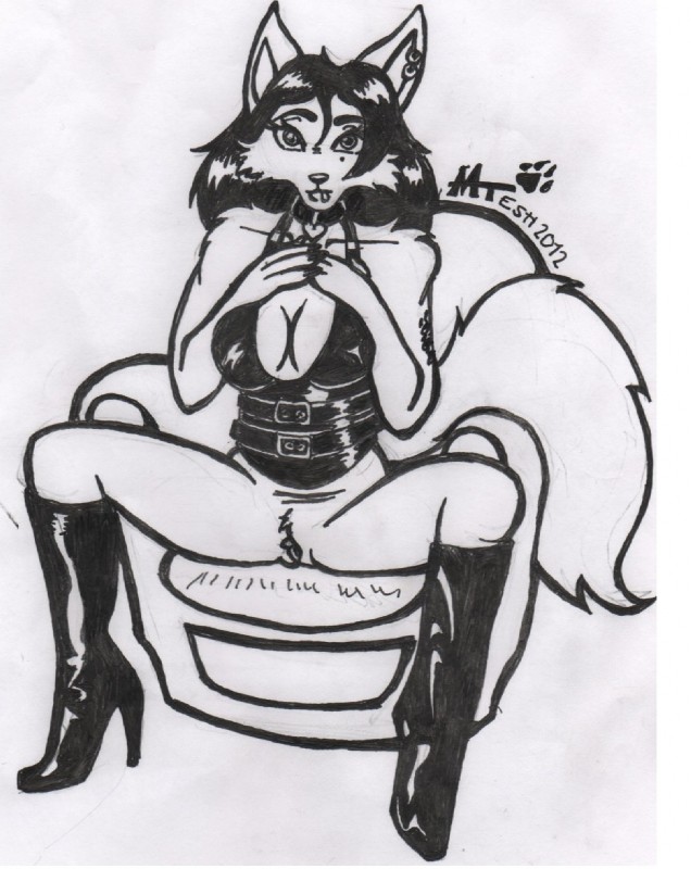 anthro biped boots bottomless breasts chair clothed clothing collar female footwear furniture genitals high_heeled_boots high_heels ink latex leather piercing pussy shoes solo tattoo michaelfox1986 foxxi_vixen canid canine fox mammal black_and_white hi_res monochrome