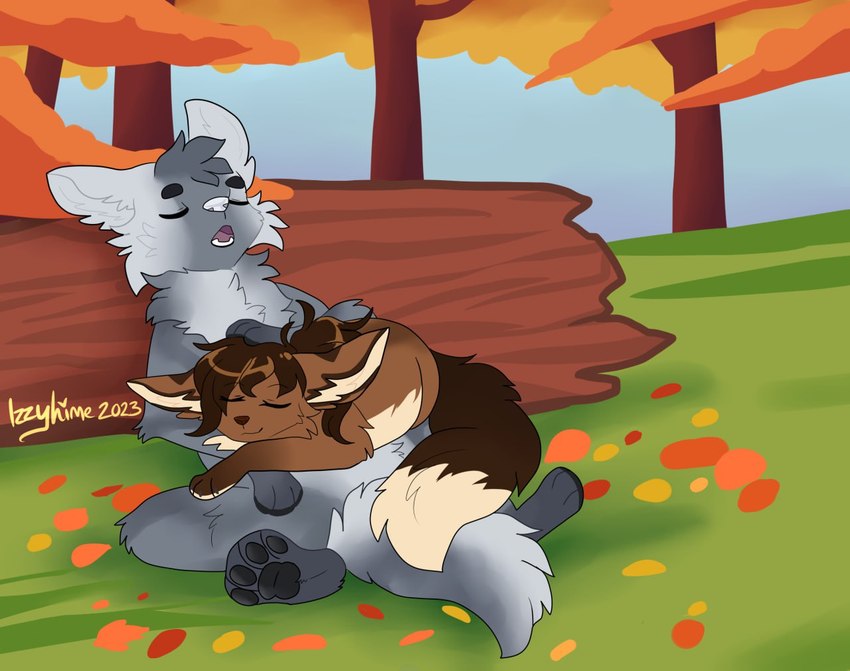 autumn brown_body brown_fur duo eyes_closed female feral fluffy fluffy_tail forest fur grey_body grey_fur leaf male open_mouth plant sleeping sleeping_on_another tail tree tree_trunk izzyhime bow_(bowhuskers) vix_(izzyhime) canid canine canis fox mammal wolf 2023 artist_name