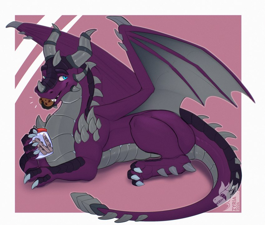 ambiguous_gender cheek_spikes claws cookie facial_spikes feral food grey_body grey_scales pawpads purple_body purple_pawpads purple_scales scales solo spikes spikes_(anatomy) white_claws zyria mythology dragon mythological_creature mythological_scalie scalie hi_res