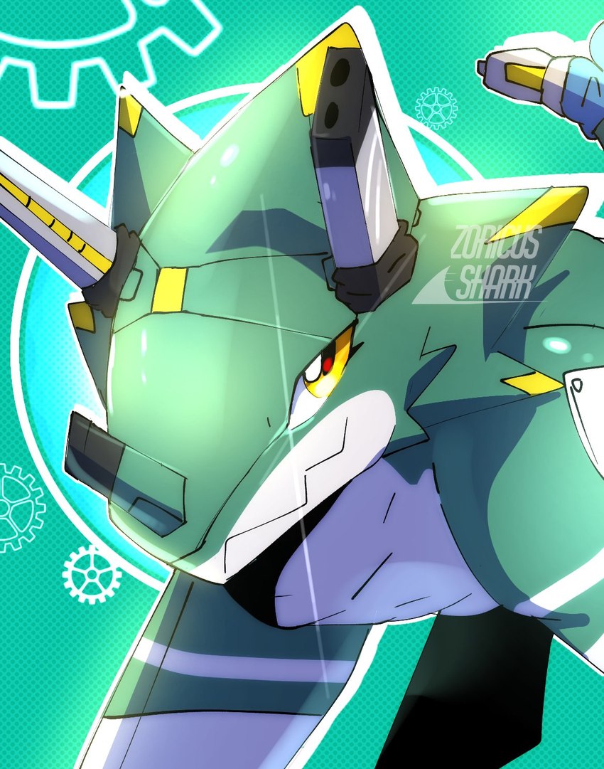 abstract_background ambiguous_gender anthro armor green_body gun horn looking_at_viewer quadruped railgun ranged_weapon solo weapon yellow_eyes zigzag_mouth zoricus3 bandai_namco digimon digimon_ghost_game ceratopsian digimon_(species) dinosaur ornithischian prehistoric_species reptile scalie triceratops wezengammamon hi_res