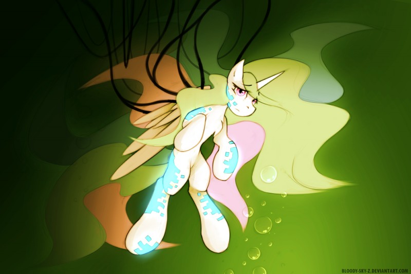 bubble feathered_wings feathers featureless_crotch female feral green_hair hair hooves horn nude simple_background solo underwater water wings queenbloodysky hasbro my_little_pony mythology fan_character equid equine mammal mythological_creature mythological_equine winged_unicorn 3:2 hi_res