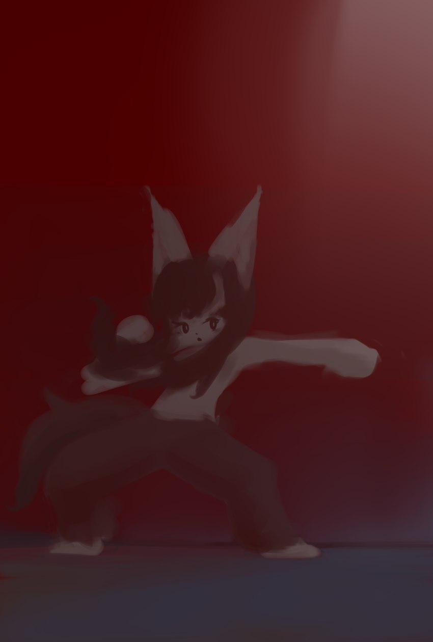 anthro bangs black_eyes bottomwear clothed clothing eyelashes featureless_feet featureless_hands feet female fist fur grey_body grey_ears grey_fur hair kemono long_hair looking_aside multicolored_hair open_mouth pants pointy_ears prick_ears punch pupils red_bottomwear red_clothing red_hair red_pants red_tail solo standing tail topless topless_female two_tone_hair unusual_pupils white_hair white_pupils hasukii mal_(hasukii) canid canine mammal hi_res