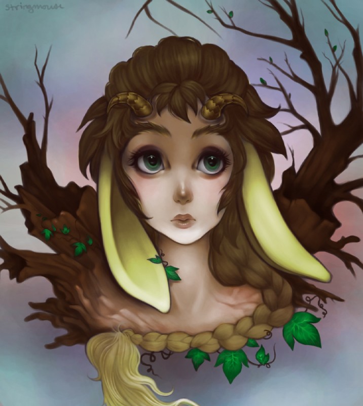 braided_hair branch brown_hair female goat_ears gradient_background green_eyes hair horn leaf plant simple_background solo textured_background stringmouse fileece elemental_creature flora_fauna humanoid nature_spirit satyr portrait