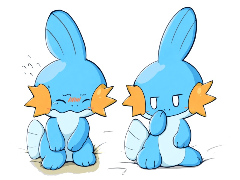 ambiguous_gender blush bodily_fluids duo embarrassed genital_fluids hand_on_mouth messy omorashi peeing tears urine wet rokesys nintendo pokemon amphibian generation_3_pokemon mudkip pokemon_(species) 4:3 hi_res