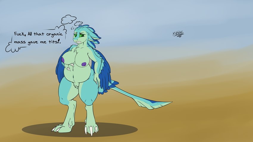 anthro blue_body breasts claws feathered_wings feathers female green_body green_eyes nipples non-mammal_breasts slightly_chubby solo text thought_bubble wings kassc luvashi avali avian 16:9 english_text hi_res widescreen