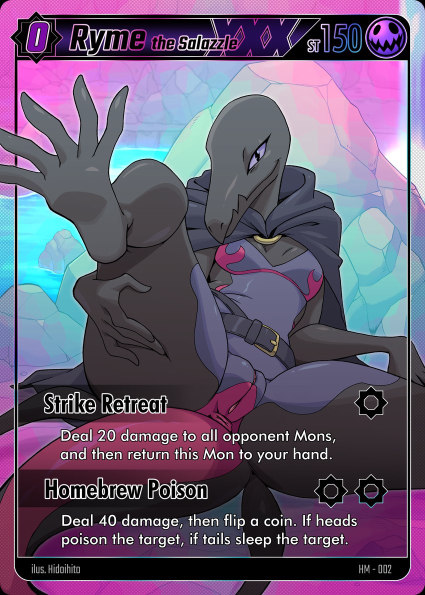 anthro anus cloak clothed clothing female genitals leaning leaning_backward partially_clothed presenting presenting_pussy pussy solo spread_legs spreading text trading_card_game hidoihito nintendo pokemon ryme_(totodice1) generation_7_pokemon pokemon_(species) reptile salazzle scalie absurd_res english_text hi_res