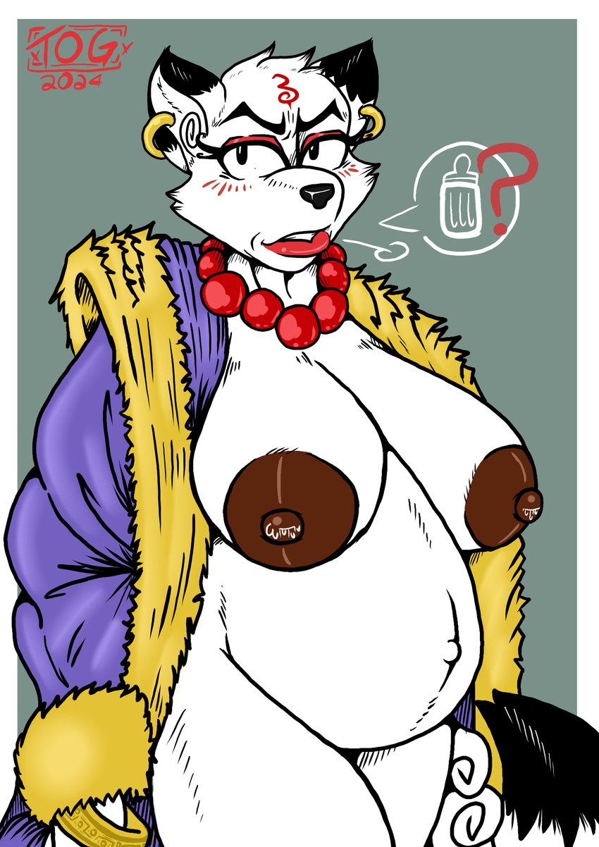 anthro areola black_ear_tips blush bodily_fluids bracelet breast_milking breasts clothing dark_nipples dipstick_ears ear_markings ear_piercing ear_ring female fur jewelry lactating looking_at_viewer mature_female milk multicolored_ears necklace nipples piercing pose pregnant pregnant_anthro pregnant_female ring_piercing robe solo white_body white_fur xxtheoneguyxx keiko_tachibana mammal mustelid musteline true_musteline weasel 2024 absurd_res digital_drawing_(artwork) digital_media_(artwork) hi_res pinup