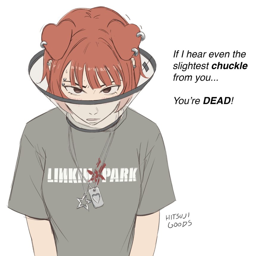 cone_of_shame dialogue dog_tags ear_piercing ear_ring embarrassed eyebrow_piercing facial_piercing female human_and_animal_ears jewelry looking_at_viewer medical_instrument multi_ear necklace piercing ring_piercing scientific_instrument simple_background solo text white_background hitsujigoods linkin_park mitsu_inumoto animal_humanoid canid canid_humanoid canine canine_humanoid dog_humanoid humanoid mammal mammal_humanoid 2024 english_text hi_res