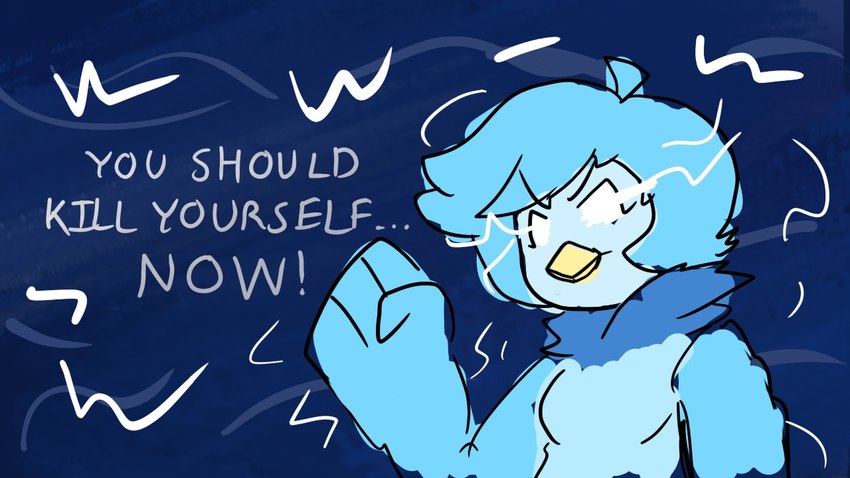 anthro beak blue_hair female fist hair lightining neck_tuft solo suicide_baiting text tuft capin_squidles low_tier_god undertale undertale_(series) undertale_yellow martlet_(undertale_yellow) avian bird english_text meme