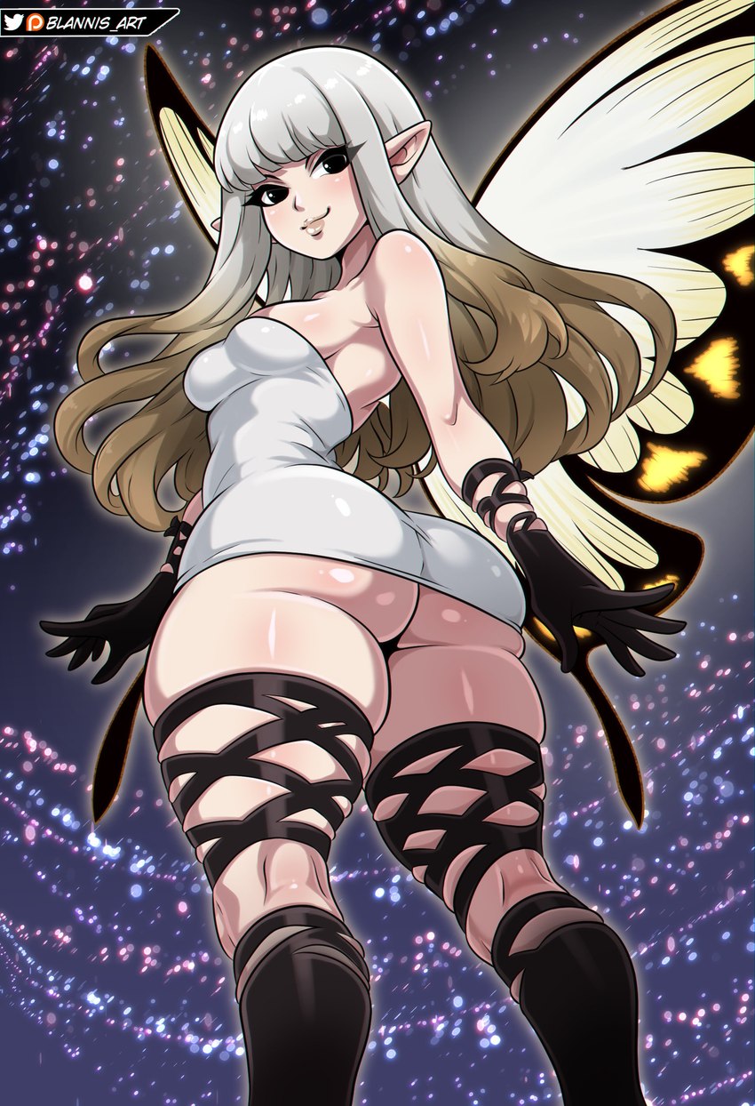 big_butt biped breasts butt clothed clothing dress eyelashes female fingers humanoid_pointy_ears looking_at_viewer looking_back no_underwear not_furry pointy_ears pupils smile solo thick_thighs white_clothing white_dress blannis_art bravely_default silicon_studio airy_(bravely_default) fairy humanoid absurd_res hi_res