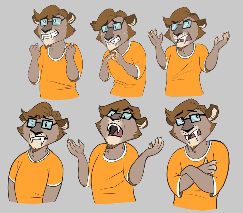 alternate_species anthro bodily_fluids brown_body brown_fur clothing crossed_arms eyebrows eyewear fangs fur glasses grey_background hair looking_at_viewer male open_mouth sabertooth_(anatomy) shirt short_hair simple_background solo sweat sweatdrop tan_body tan_fur teeth topwear worried triptogames pngtuber saberspark vtuber saberspark_(character) felid mammal prehistoric_species saber-toothed_tiger 2021 hi_res