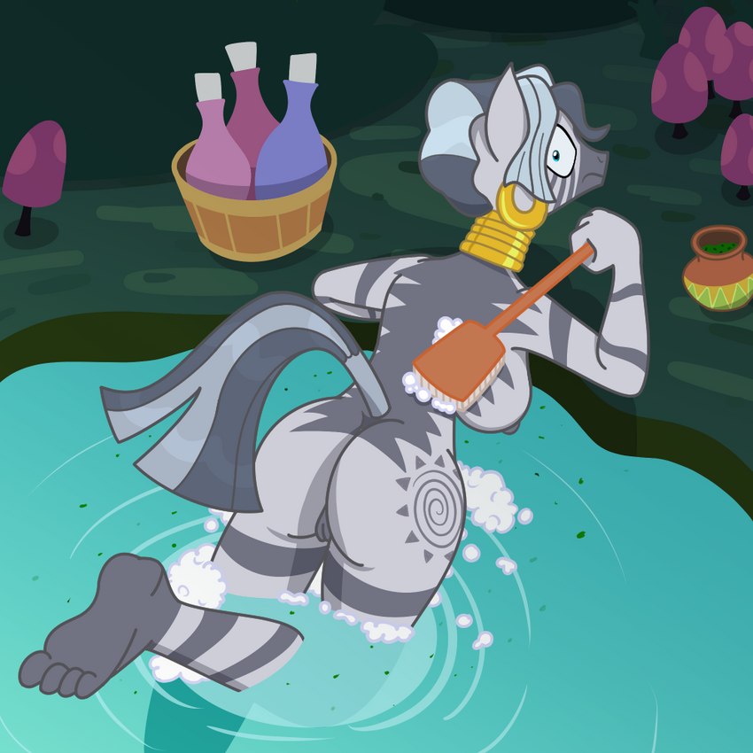 4_toes anthro bathing breasts bubble butt embarrassed feet female forest fungus genitals hair lake mushroom nipples nude nude_anthro nude_female partially_submerged plant pussy soap tail toes tree wet_hair himitsu friendship_is_magic hasbro my_little_pony zecora_(mlp) equid equine mammal zebra 1:1