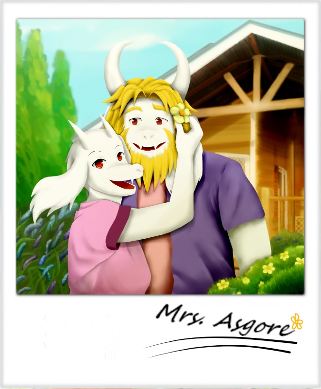 anthro beard clothing day duo facial_hair female flower fur horn log_cabin long_ears male mature_anthro mature_female mature_male plant shirt topwear tree white_body white_fur etfish5355138 undertale undertale_(series) asgore_dreemurr toriel boss_monster_(undertale) bovid caprine mammal hi_res